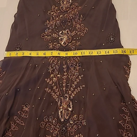 EUC VTG Marina 100% Silk Beaded and Sequined Chocolate Bown Lined Dress - Picture 12 of 17